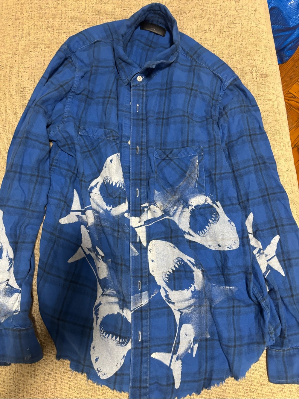 AMIRI Blue Plaid Button-Down Shirt with White Shark Graphic